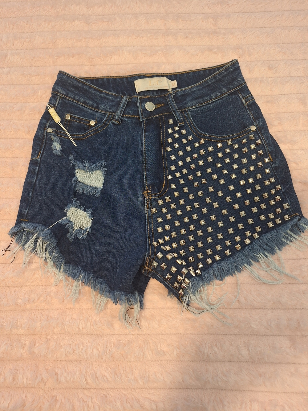 Studded Dark Blue Distressed Denim Shorts for Women